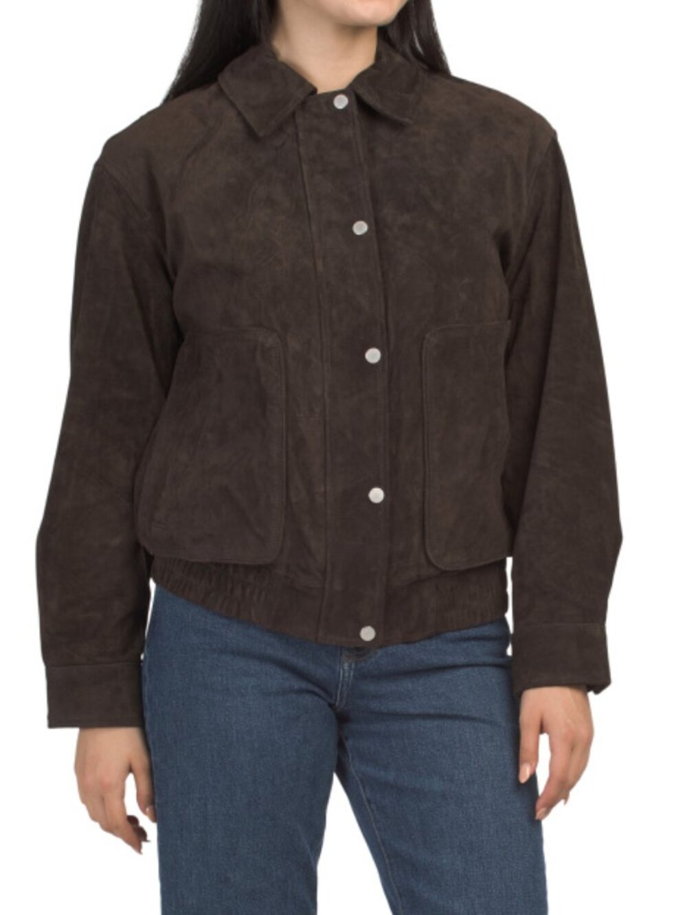 AVEC LES FILLES Suede Collared Bomber Jacket With Patch Pockets